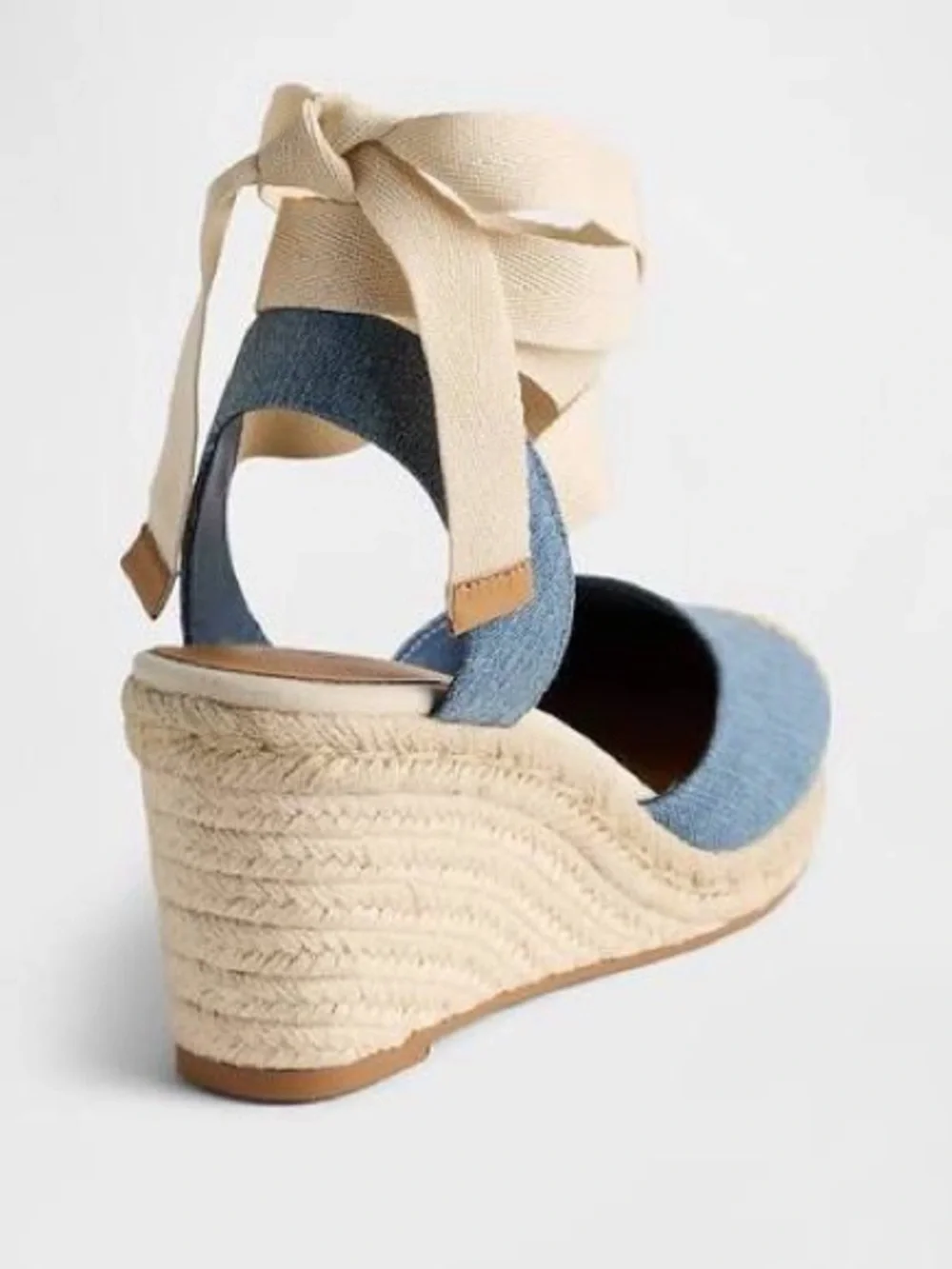 GAP Denim Blue Espadrille Wedge Sandals with Cream Ankle Wrap